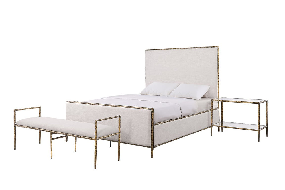 English Elm Contemporary Matte Gold Steel Upholstered Full Bed and Bench Set for Bold Bedrooms B2741S04671