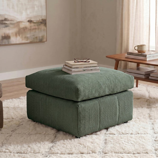 English Elm Square Corduroy Upholstered Ottoman Ribbed Texture Footrest for Living Room or Bedroom Dark Green B2748P517643