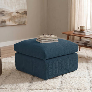 English Elm Square Corduroy Upholstered Ottoman Ribbed Texture Footrest for Living Room or Bedroom Dark Blue B2748P517646