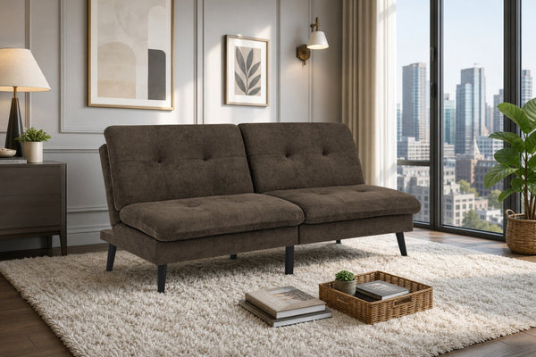 English Elm Polyester Blend Tufted Futon Sofa Bed with Tall Legs for Guest Room Studio Use Dark Brown B2748P521273