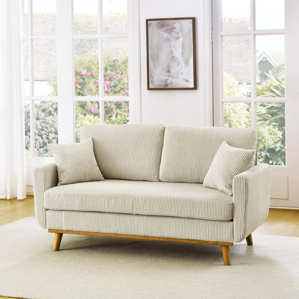 English Elm Corduroy Ribbed Upholstered Loveseat with Solid Wood Frame and Toss Pillows Beige B2748P533790
