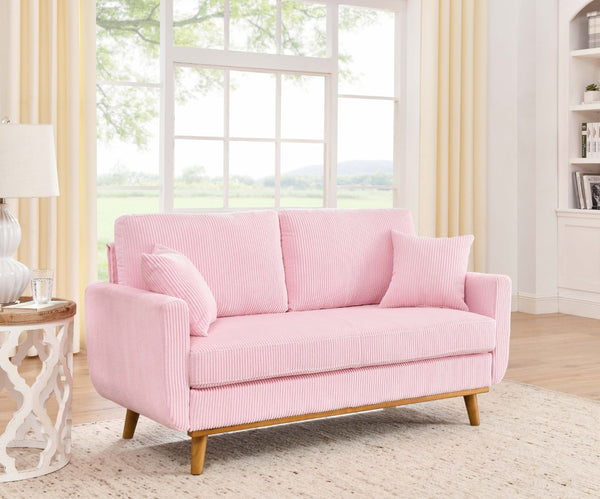 English Elm Corduroy Ribbed Upholstered Loveseat with Solid Wood Frame and Toss Pillows Pink B2748P533792