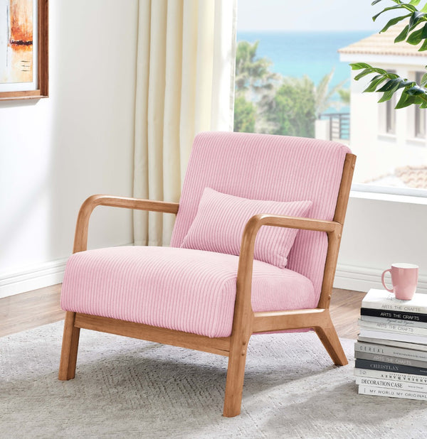 English Elm Corduroy Accent Armchair with Solid Wood Frame and Lumbar Pillow for Living Rooms Pink B2748P533800