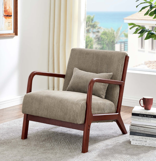 English Elm Corduroy Accent Armchair with Solid Wood Frame and Lumbar Pillow for Living Rooms Camel B2748P533801