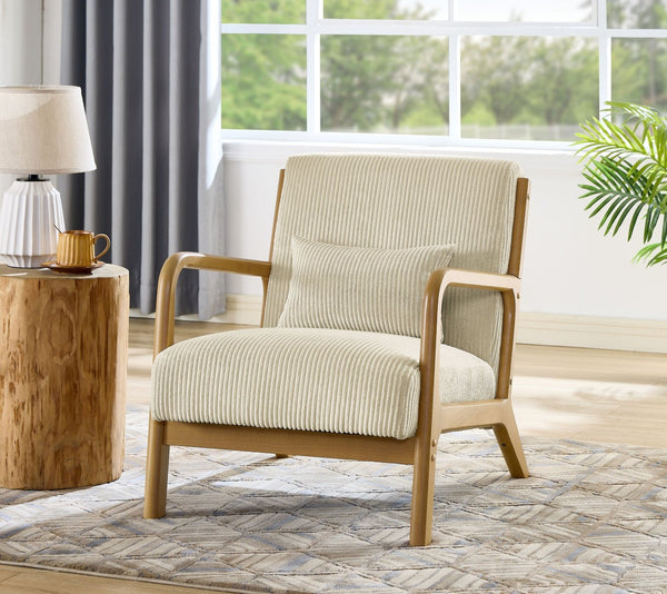 English Elm Corduroy Accent Armchair with Solid Wood Frame and Lumbar Pillow for Living Rooms Beige B2748P533802