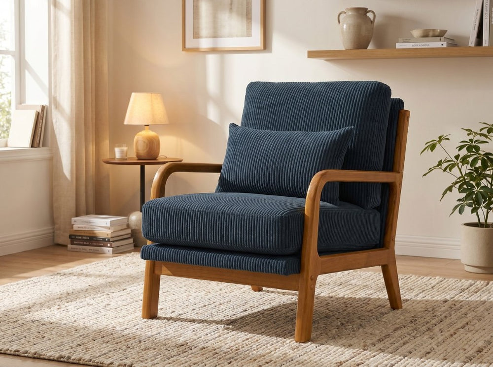 English Elm Corduroy Accent Chair with Solid Wood Frame Ribbed Texture for Cozy Living Spaces Dark Blue B2748P596357