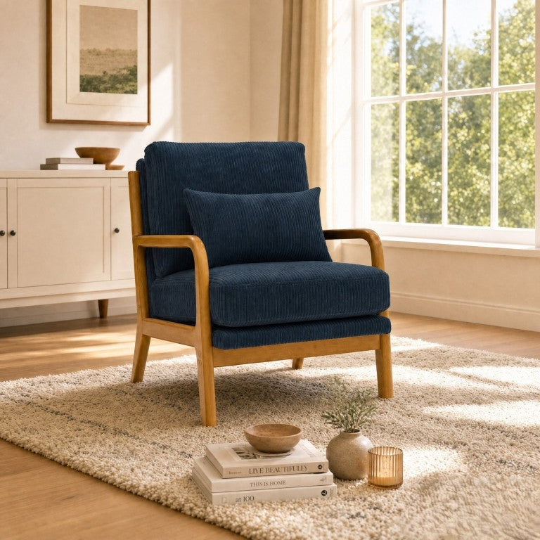 English Elm Corduroy Accent Chair with Solid Wood Frame Ribbed Texture for Cozy Living Spaces Dark Blue B2748P596357