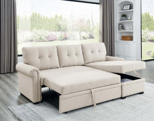 English Elm 86" Linen Blend Sectional Sleeper Sofa with Reversible Chaise and Tufted Back Almond B2748S00190