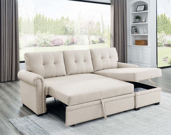 English Elm 86" Linen Blend Sectional Sleeper Sofa with Reversible Chaise and Tufted Back Almond B2748S00190
