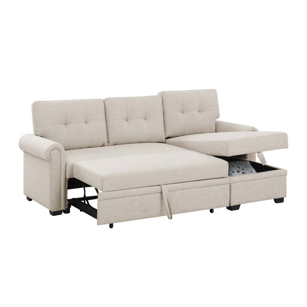 English Elm 86" Linen Blend Sectional Sleeper Sofa with Reversible Chaise and Tufted Back Almond B2748S00190