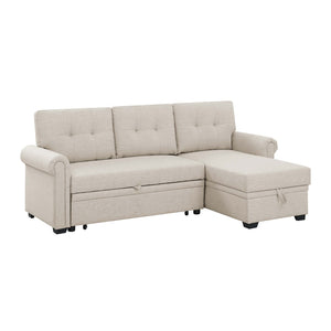English Elm 86" Linen Blend Sectional Sleeper Sofa with Reversible Chaise and Tufted Back Almond B2748S00190