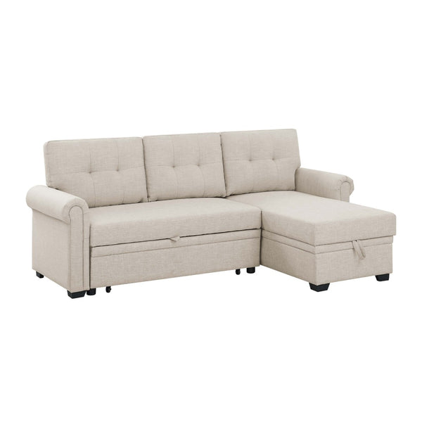 English Elm 86" Linen Blend Sectional Sleeper Sofa with Reversible Chaise and Tufted Back Almond B2748S00190