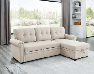 English Elm 86" Linen Blend Sectional Sleeper Sofa with Reversible Chaise and Tufted Back Almond B2748S00190