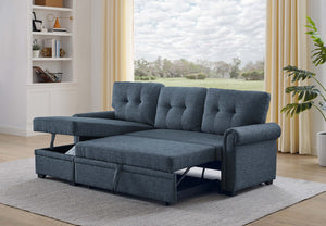 English Elm 86" Linen Blend Sectional Sleeper Sofa with Reversible Chaise and Tufted Back Dark Blue B2748S00191