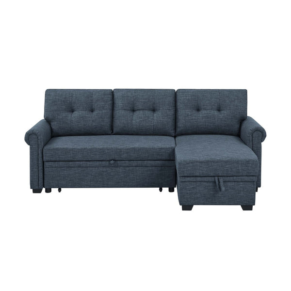 English Elm 86" Linen Blend Sectional Sleeper Sofa with Reversible Chaise and Tufted Back Dark Blue B2748S00191