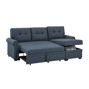 English Elm 86" Linen Blend Sectional Sleeper Sofa with Reversible Chaise and Tufted Back Dark Blue B2748S00191