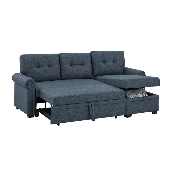 English Elm 86" Linen Blend Sectional Sleeper Sofa with Reversible Chaise and Tufted Back Dark Blue B2748S00191