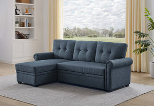 English Elm 86" Linen Blend Sectional Sleeper Sofa with Reversible Chaise and Tufted Back Dark Blue B2748S00191