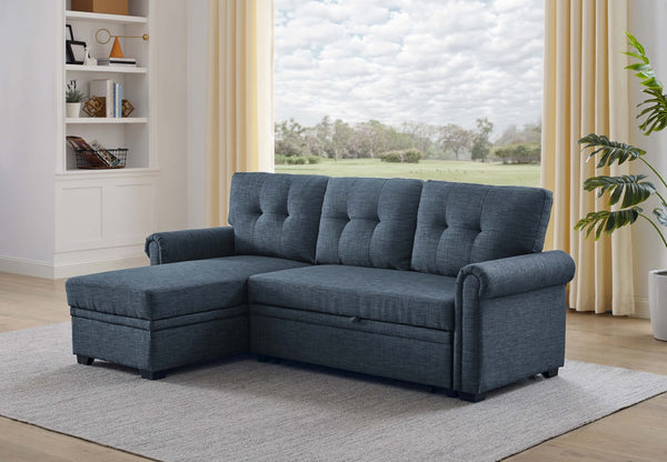 English Elm 86" Linen Blend Sectional Sleeper Sofa with Reversible Chaise and Tufted Back Dark Blue B2748S00191