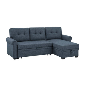 English Elm 86" Linen Blend Sectional Sleeper Sofa with Reversible Chaise and Tufted Back Dark Blue B2748S00191