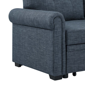 English Elm 86" Linen Blend Sectional Sleeper Sofa with Reversible Chaise and Tufted Back Dark Blue B2748S00191