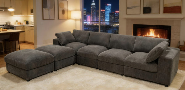 English Elm Corduroy Ribbed Upholstered Modular Sectional Sofa with Reversible Chaise for Living Room Dark Gray B2748S00192