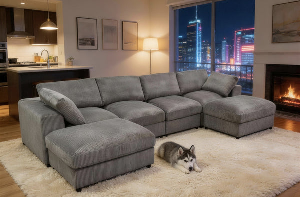 English Elm Corduroy Ribbed Upholstered Modular Sectional Sofa with Reversible Chaise for Living Room Dark Gray B2748S00192