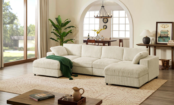 English Elm Corduroy Ribbed Upholstered Modular Sectional Sofa with Reversible Chaise for Living Room Beige B2748S00193