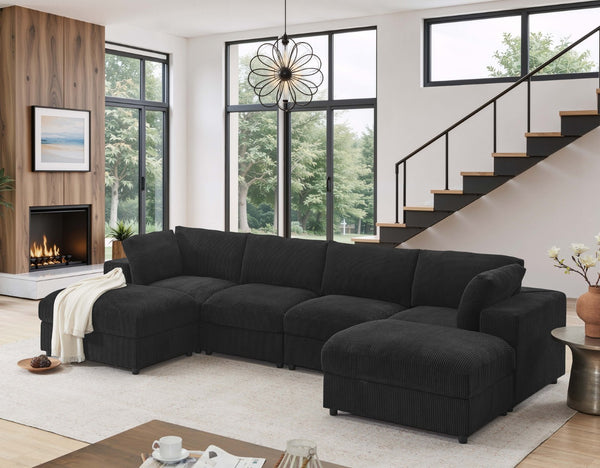 English Elm Corduroy Ribbed Upholstered Modular Sectional Sofa with Reversible Chaise for Living Room Black B2748S00194