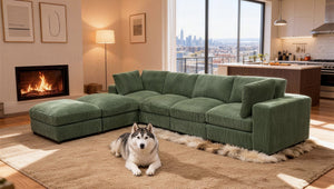 English Elm Corduroy Ribbed Upholstered Modular Sectional Sofa with Reversible Chaise for Living Room Dark Green B2748S00195