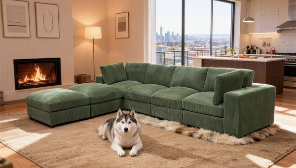 English Elm Corduroy Ribbed Upholstered Modular Sectional Sofa with Reversible Chaise for Living Room Dark Green B2748S00195