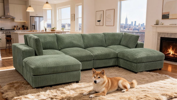 English Elm Corduroy Ribbed Upholstered Modular Sectional Sofa with Reversible Chaise for Living Room Dark Green B2748S00195