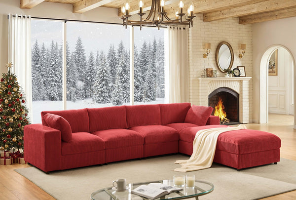 English Elm Corduroy Ribbed Upholstered Modular Sectional Sofa with Reversible Chaise for Living Room Red B2748S00196