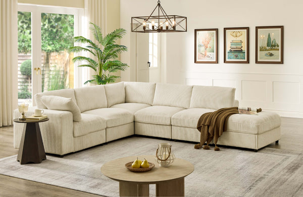 English Elm Corduroy Ribbed Upholstered Modular Sectional Sofa with Reversible Chaise Living Room Beige B2748S00199