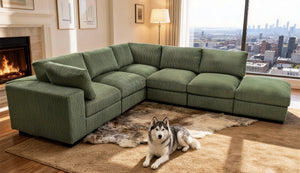 English Elm Corduroy Ribbed Upholstered Modular Sectional Sofa with Reversible Chaise Living Room Dark Green B2748S00201