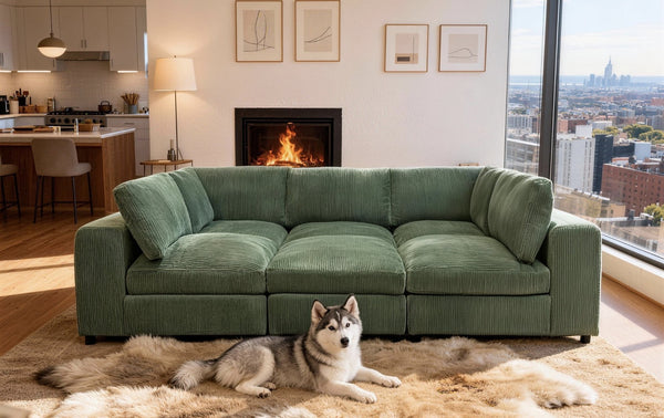 English Elm Corduroy Ribbed Upholstered Modular Sectional Sofa with Reversible Chaise Living Room Dark Green B2748S00201