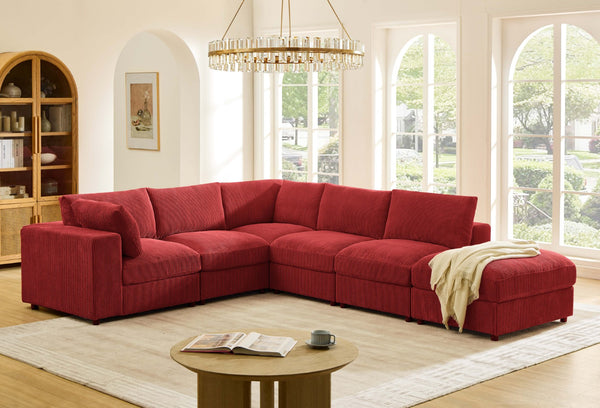 English Elm Corduroy Ribbed Upholstered Modular Sectional Sofa with Reversible Chaise Living Room Red B2748S00202