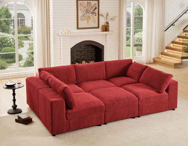 English Elm Corduroy Ribbed Upholstered Modular Sectional Sofa with Reversible Chaise Living Room Red B2748S00202