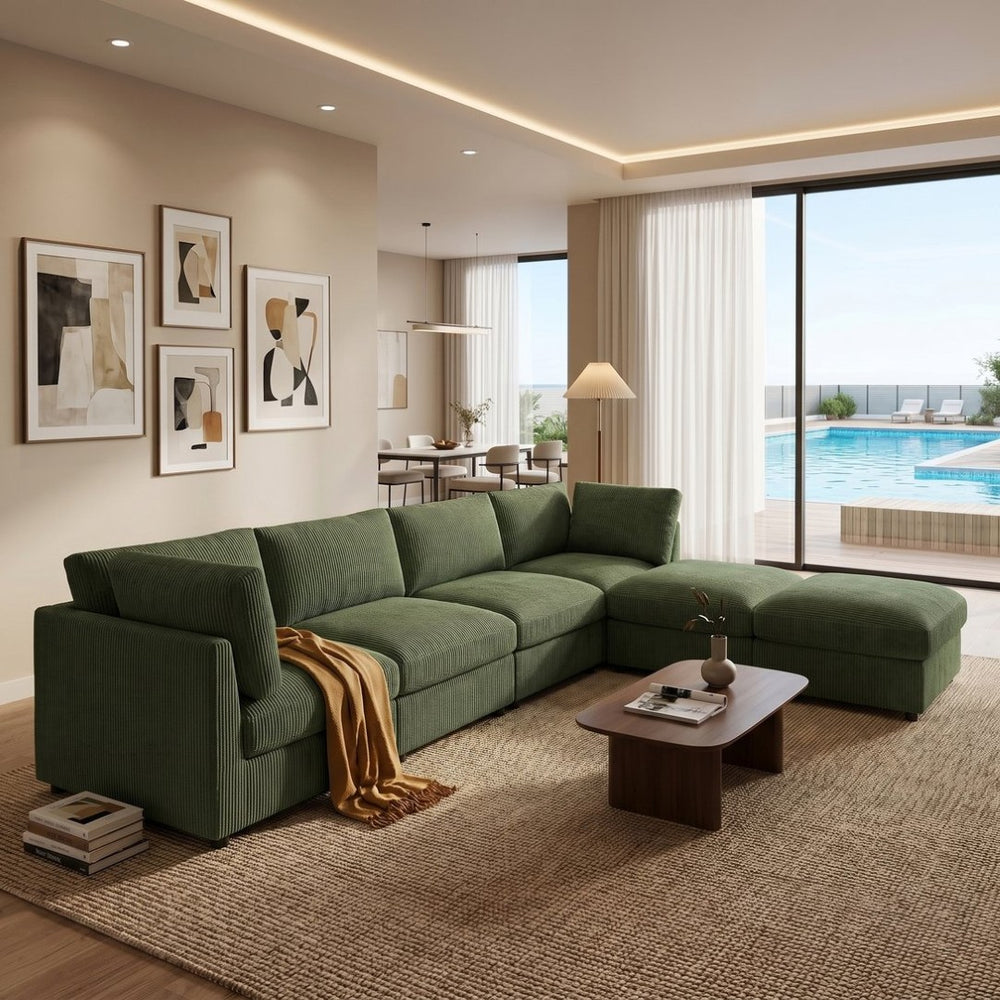 English Elm Corduroy Ribbed Upholstered Modular Sectional Sofa for Versatile Living Room Layouts Dark Green B2748S00206