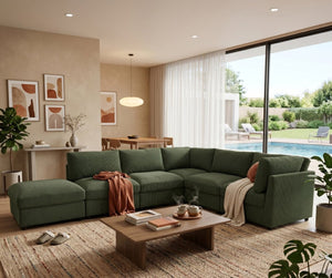 English Elm Corduroy Upholstered Modular Sectional Sofa with Reversible Chaise for Living Rooms Dark Green B2748S00207