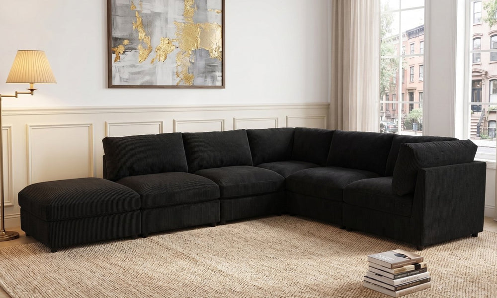 English Elm Corduroy Upholstered Modular Sectional Sofa with Reversible Chaise for Living Rooms Black B2748S00209