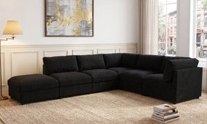 English Elm Corduroy Upholstered Modular Sectional Sofa with Reversible Chaise for Living Rooms Black B2748S00209