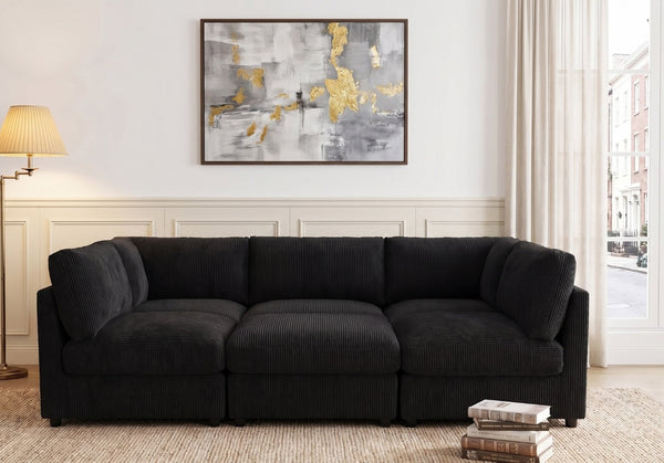 English Elm Corduroy Upholstered Modular Sectional Sofa with Reversible Chaise for Living Rooms Black B2748S00209