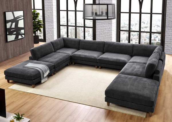 English Elm Large Corduroy Modular Sectional Sofa with Wooden Legs Mid-century Living Room Seating Dark Gray B2748S00211