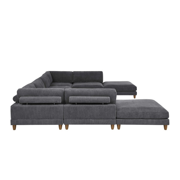 English Elm Large Corduroy Modular Sectional Sofa with Wooden Legs Mid-century Living Room Seating Dark Gray B2748S00211