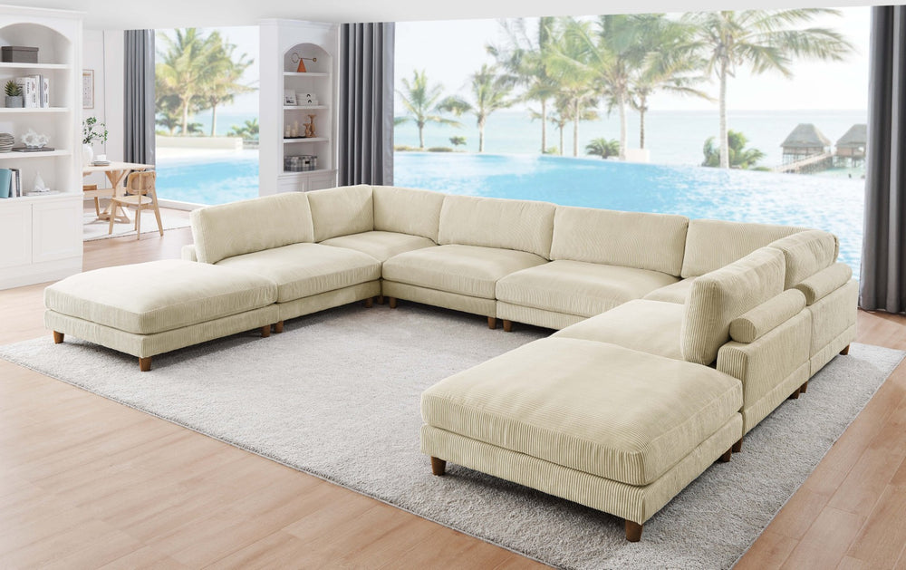 English Elm Large Corduroy Modular Sectional Sofa with Wooden Legs Mid-century Living Room Seating Beige B2748S00213