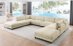 English Elm Large Corduroy Modular Sectional Sofa with Wooden Legs Mid-century Living Room Seating Beige B2748S00213