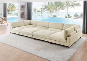 English Elm Large Corduroy Modular Sectional Sofa with Wooden Legs Mid-century Living Room Seating Beige B2748S00213