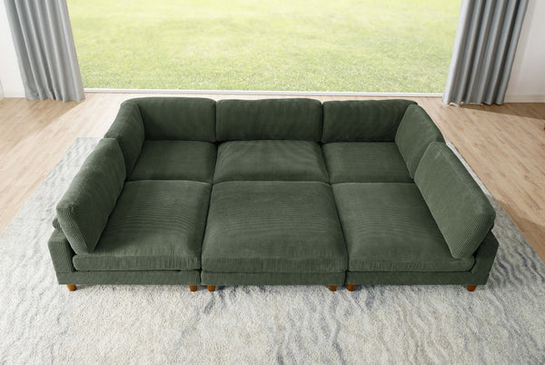 English Elm Large Corduroy Modular Sectional Sofa with Wooden Legs for Casual Living Rooms Dark Green B2748S00214