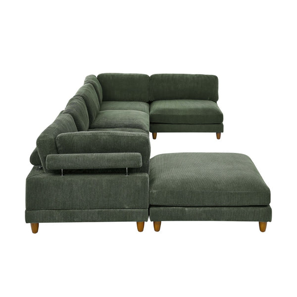 English Elm Large Corduroy Modular Sectional Sofa with Wooden Legs for Casual Living Rooms Dark Green B2748S00214